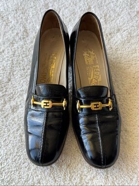 Vintage Salvatore Ferragamo Black Patent Leather Loafers with Gold Bit